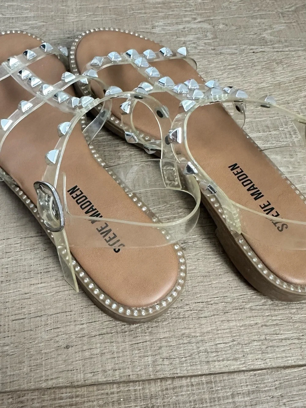 Steve Madden Clear T-Strap Studded Sandals - Silver Accents